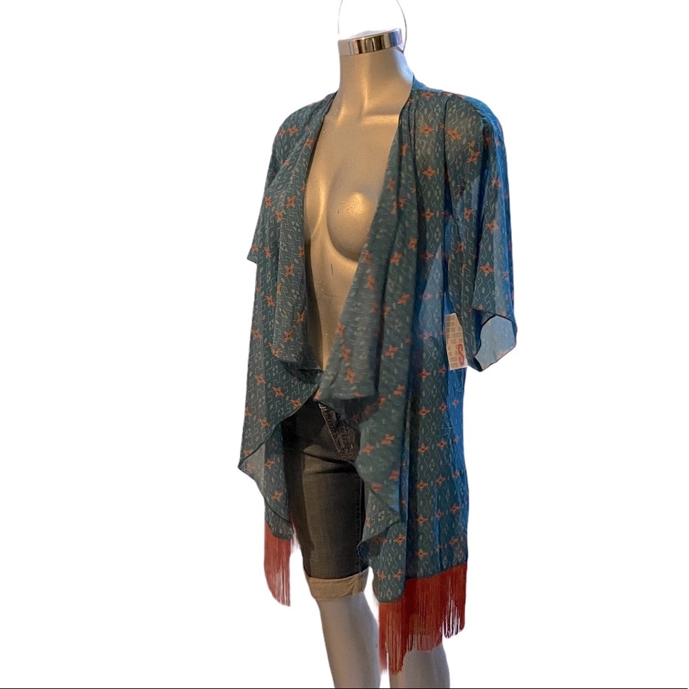 LulaRoe Draped Sheer Duster Cardigan Fringe Kimono Blue/Red Western Size Small